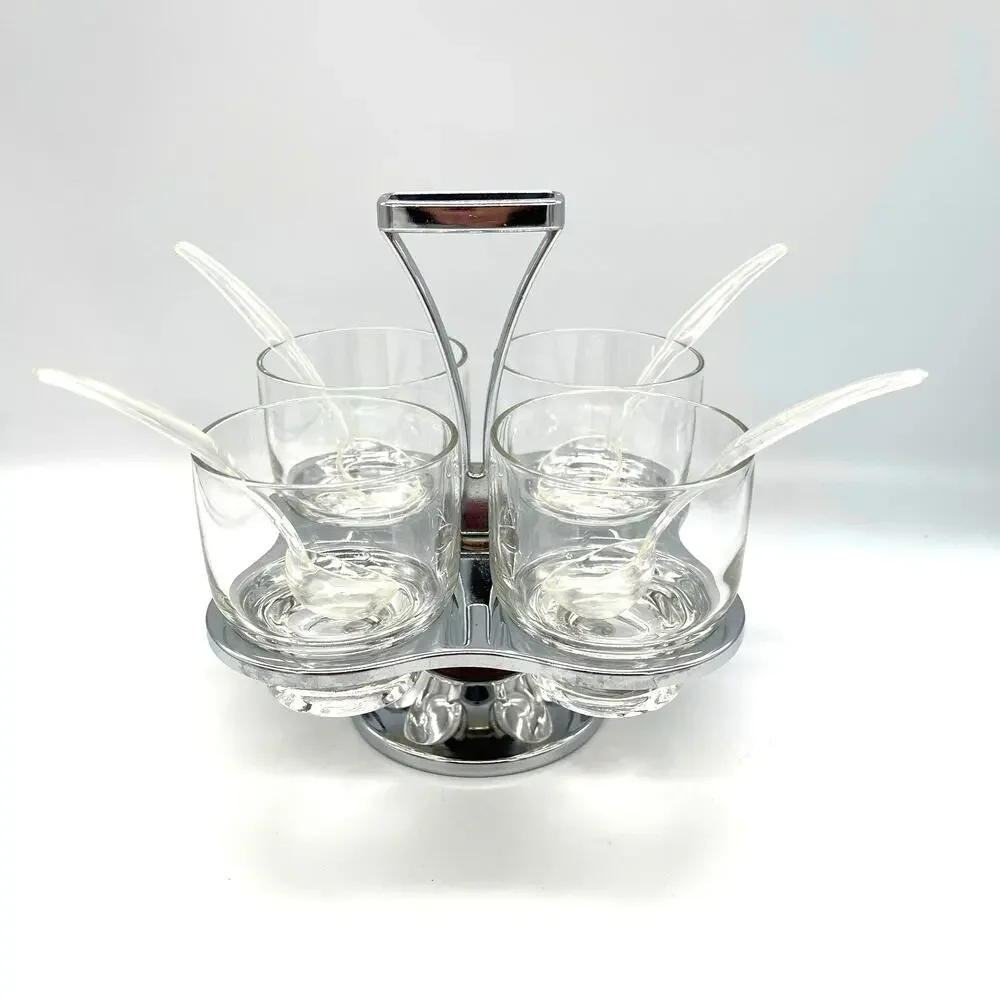 Vintage Mid Century Milbern Chrome & Wood Condiment Caddy 4 Glasses & Spoons